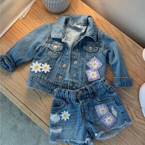 Wonder Nation Blue Denim Jacket and Shorts Set with Floral Accents